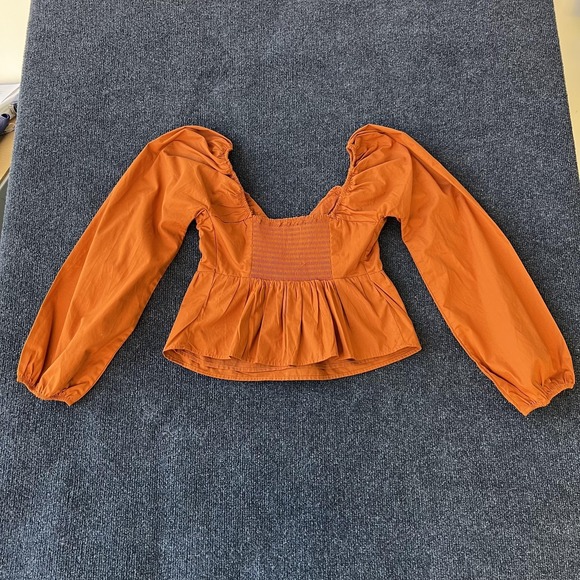 Abercrombie & Fitch Shirt Womens XS Rust Sweetheart Smocked Peplum Puff Sleeve - Picture 4 of 10